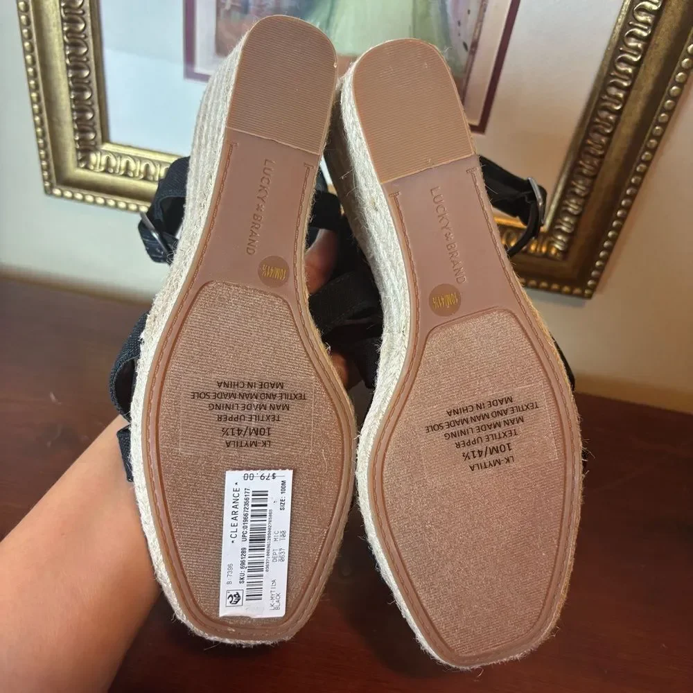 Lucky Brand Women's Mytila Strappy Espadrille Wedge Sandals Black Size 10 NEW